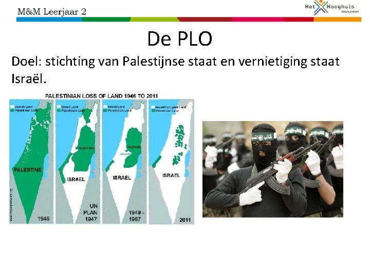 De PLO Doel: stichting van Palestijnse staat en vernietiging staat Israël. 