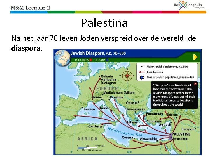 Palestina Na het jaar 70 leven Joden verspreid over de wereld: de diaspora. 