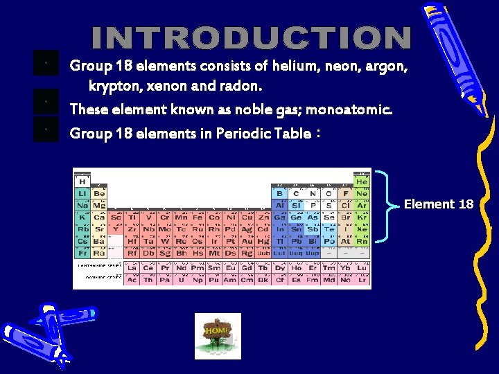 Group 18 elements consists of helium, neon, argon, krypton, xenon and radon. These element