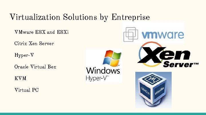 Virtualization Solutions by Entreprise VMware ESX and ESXi Citrix Xen Server Hyper-V Oracle Virtual