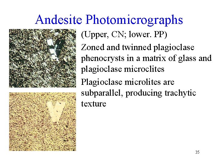 Andesite Photomicrographs • (Upper, CN; lower. PP) • Zoned and twinned plagioclase phenocrysts in