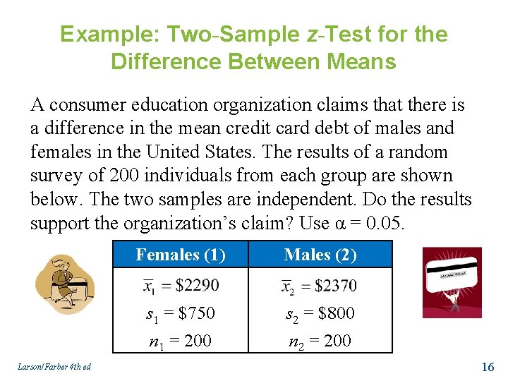 Example: Two-Sample z-Test for the Difference Between Means A consumer education organization claims that