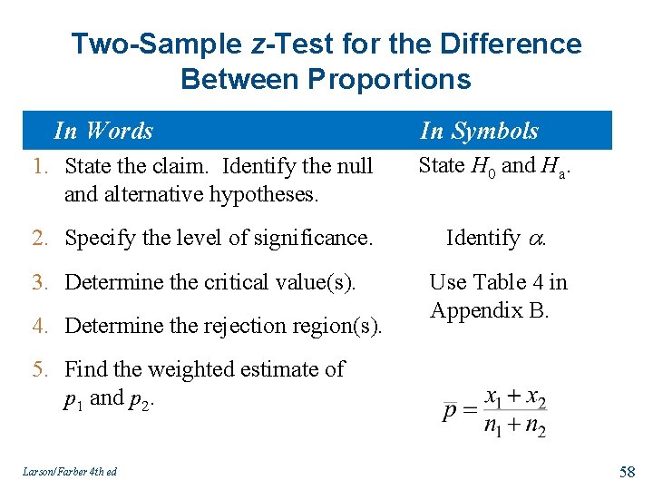 Two-Sample z-Test for the Difference Between Proportions In Words In Symbols 1. State the