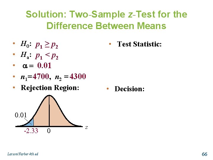 Solution: Two-Sample z-Test for the Difference Between Means • • • H 0: p
