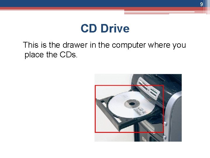 9 CD Drive This is the drawer in the computer where you place the