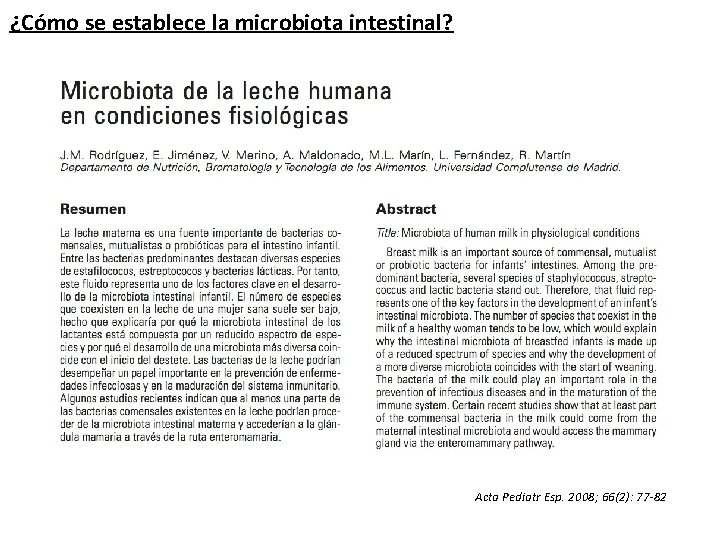 ¿Cómo se establece la microbiota intestinal? Acta Pediatr Esp. 2008; 66(2): 77 -82 