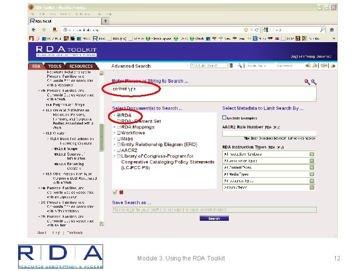 Module 3. Using the RDA Toolkit 12 