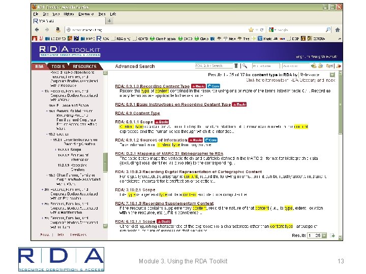 Module 3. Using the RDA Toolkit 13 