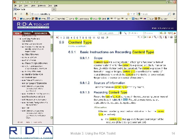 Module 3. Using the RDA Toolkit 14 