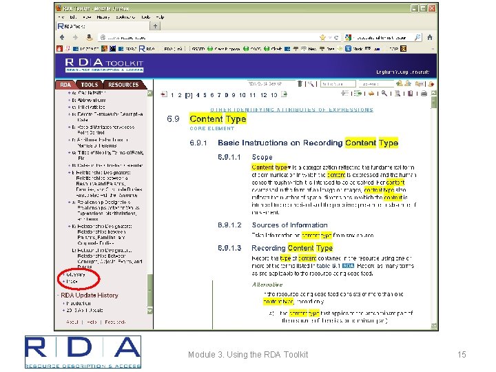 Module 3. Using the RDA Toolkit 15 