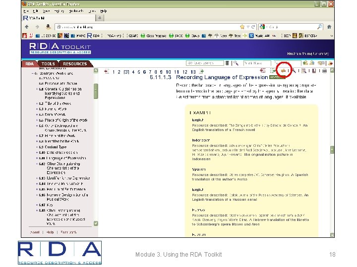 Module 3. Using the RDA Toolkit 18 