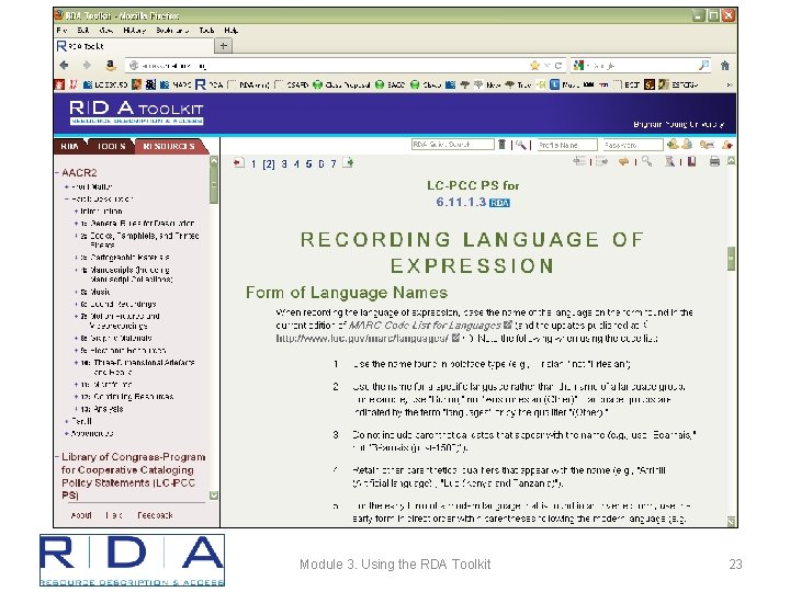 Module 3. Using the RDA Toolkit 23 