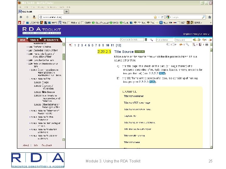 Module 3. Using the RDA Toolkit 25 