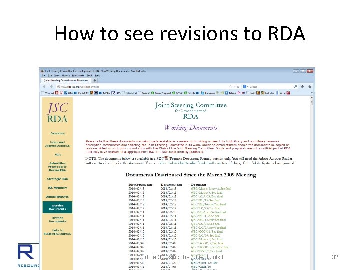 How to see revisions to RDA Module 3. Using the RDA Toolkit 32 