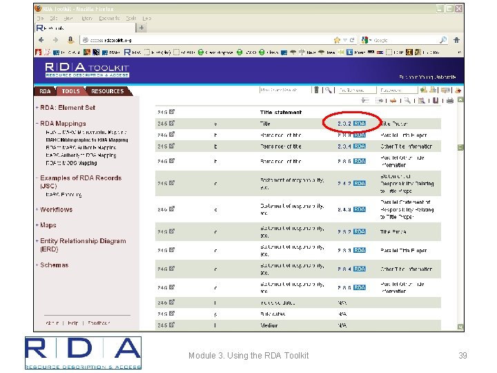 Module 3. Using the RDA Toolkit 39 