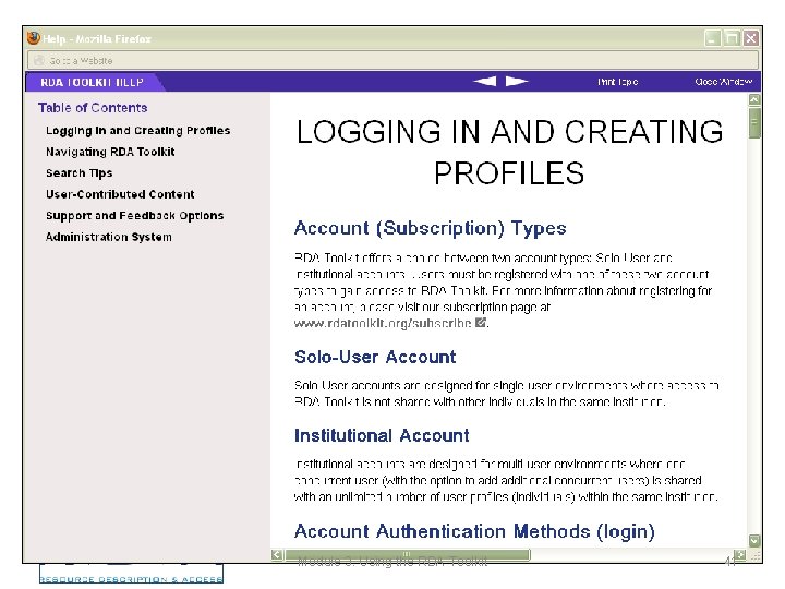 Module 3. Using the RDA Toolkit 41 