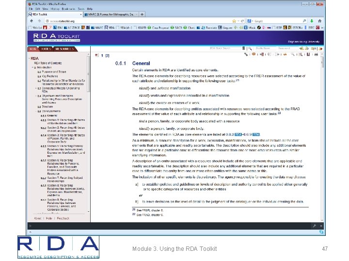 Module 3. Using the RDA Toolkit 47 