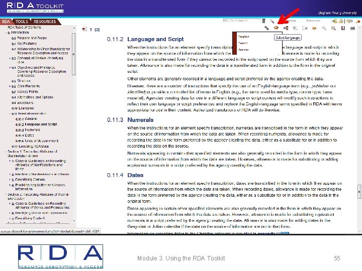 Module 3. Using the RDA Toolkit 55 