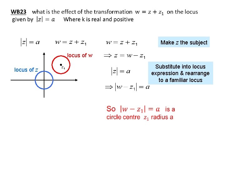 Make z the subject locus of w locus of z Substitute into locus expression Make z the subject locus of w locus of z Substitute into locus expression