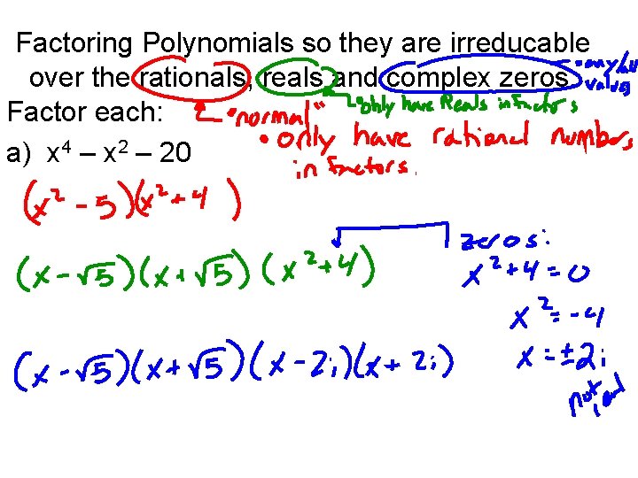Factoring Polynomials so they are irreducable over the rationals, reals and complex zeros. Factor