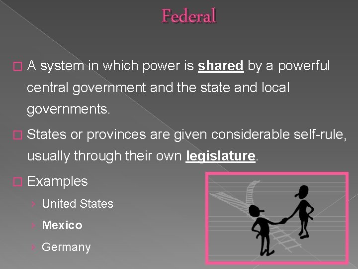 Federal � A system in which power is shared by a powerful central government
