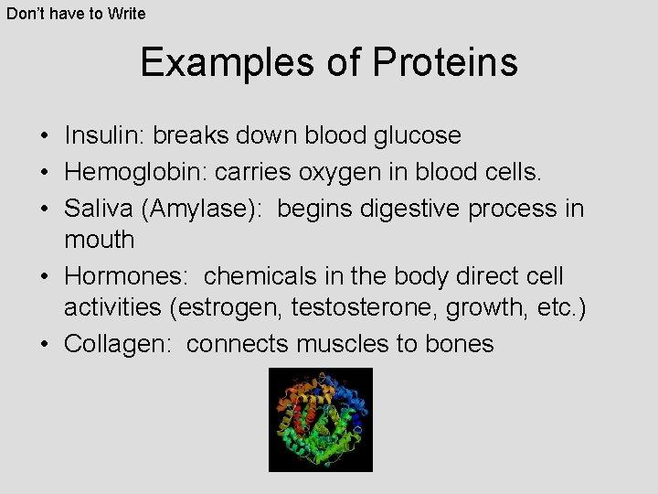 Don’t have to Write Examples of Proteins • Insulin: breaks down blood glucose •