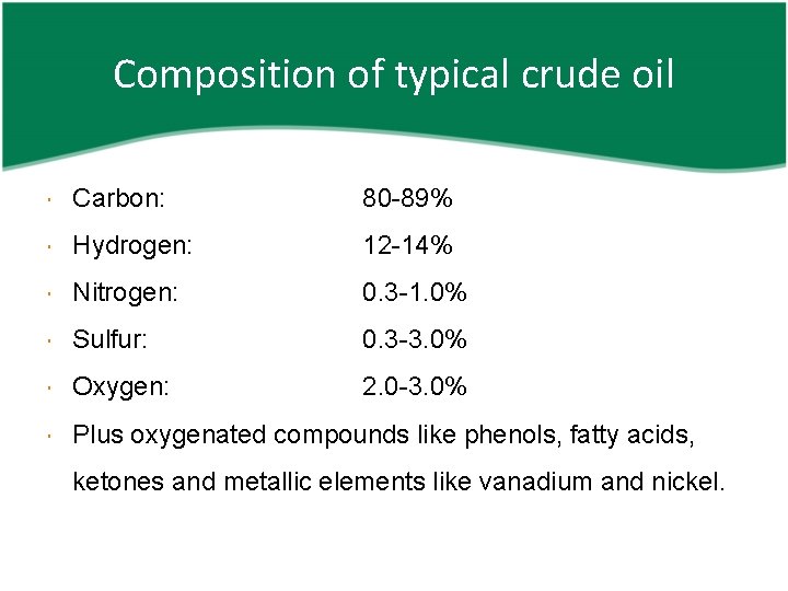 Composition of typical crude oil Carbon: 80 -89% Hydrogen: 12 -14% Nitrogen: 0. 3