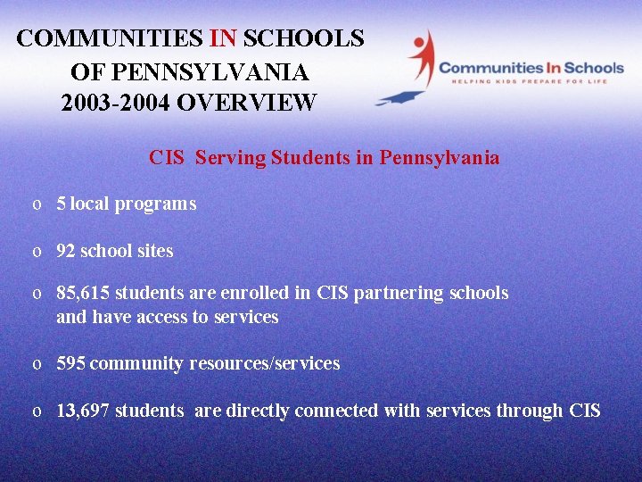 COMMUNITIES IN SCHOOLS OF PENNSYLVANIA 2003 -2004 OVERVIEW CIS Serving Students in Pennsylvania o