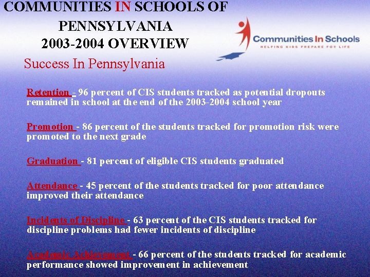 COMMUNITIES IN SCHOOLS OF PENNSYLVANIA 2003 -2004 OVERVIEW Success In Pennsylvania Retention - 96