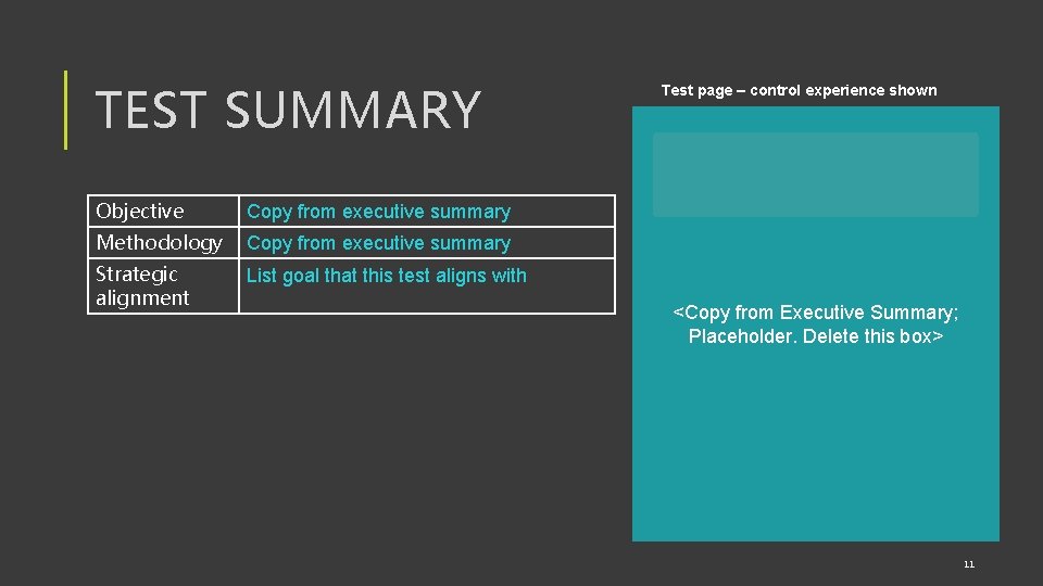 TEST SUMMARY Objective Copy from executive summary Methodology Copy from executive summary Strategic alignment