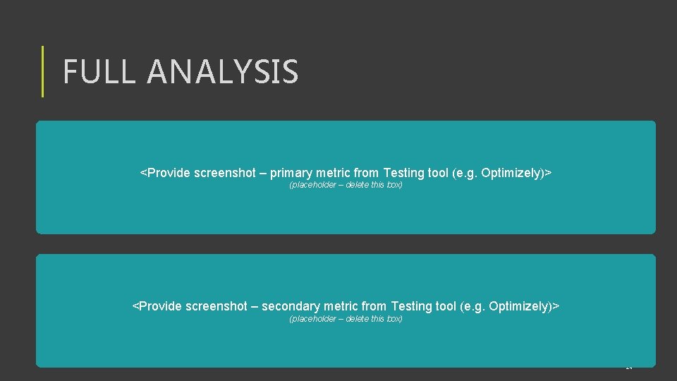 FULL ANALYSIS <Provide screenshot – primary metric from Testing tool (e. g. Optimizely)> (placeholder