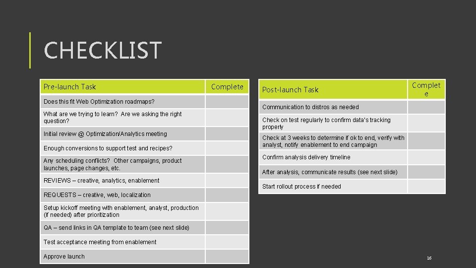 CHECKLIST Pre-launch Task Does this fit Web Optimization roadmaps? What are we trying to