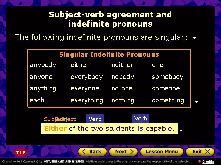 Subject-verb agreement and indefinite pronouns The following indefinite pronouns are singular: Singular Indefinite Pronouns