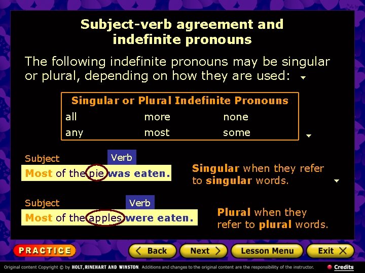 Subject-verb agreement and indefinite pronouns The following indefinite pronouns may be singular or plural,