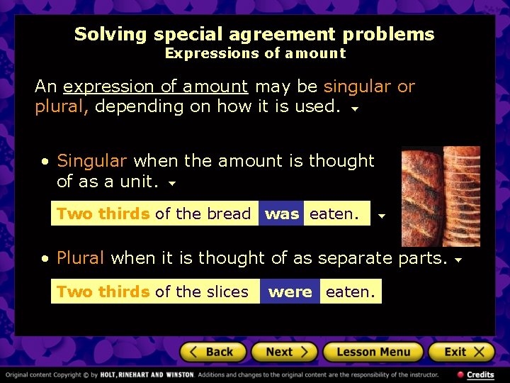 Solving special agreement problems Expressions of amount An expression of amount may be singular