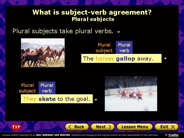 What is subject-verb agreement? Plural subjects take plural verbs. Plural subject Plural verb The