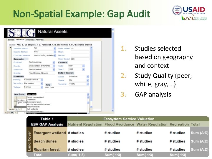 Non-Spatial Example: Gap Audit 1. 2. 3. Studies selected based on geography and context