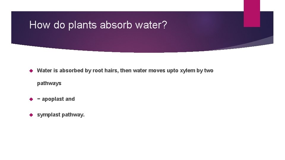 How do plants absorb water? Water is absorbed by root hairs, then water moves