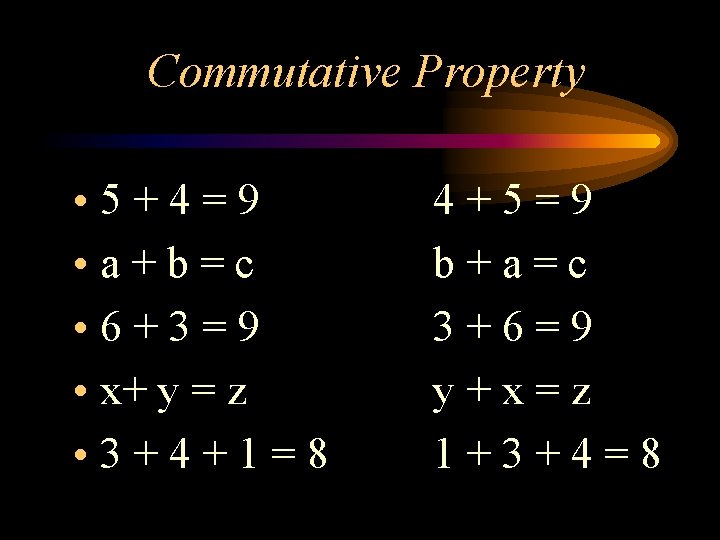 Commutative Property • 5+4=9 • a+b=c • 6+3=9 • x+ y = z •