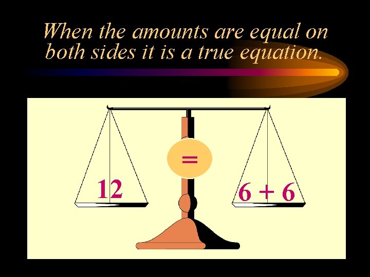 When the amounts are equal on both sides it is a true equation. 12