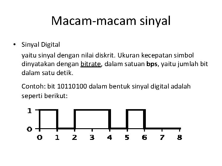 Macam-macam sinyal • Sinyal Digital yaitu sinyal dengan nilai diskrit. Ukuran kecepatan simbol dinyatakan