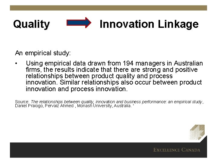 Quality Innovation Linkage An empirical study: • Using empirical data drawn from 194 managers