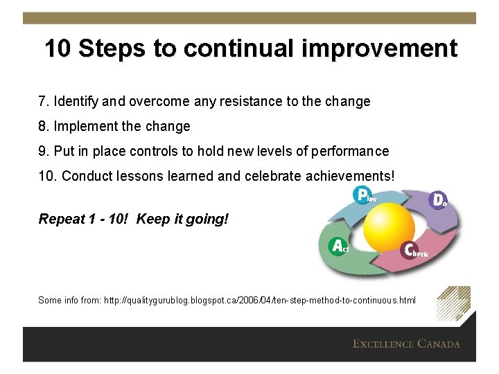 10 Steps to continual improvement 7. Identify and overcome any resistance to the change