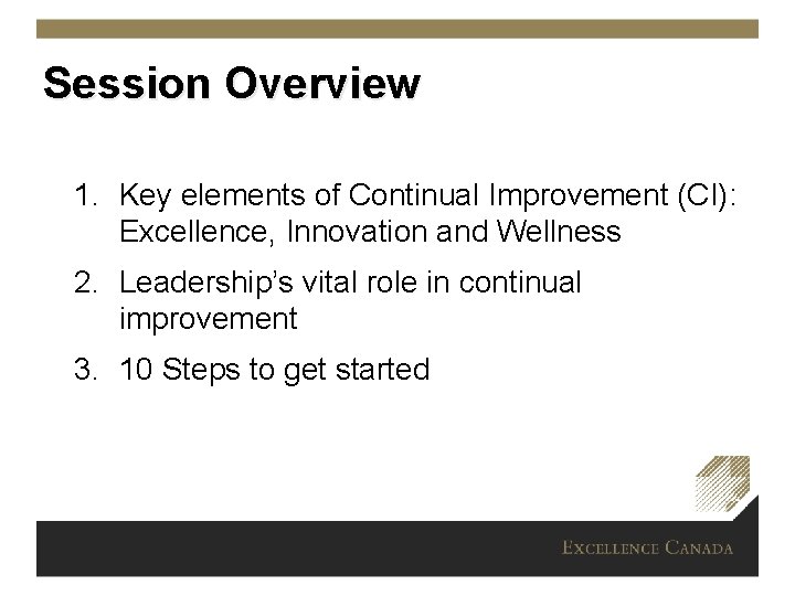 Session Overview 1. Key elements of Continual Improvement (CI): Excellence, Innovation and Wellness 2.