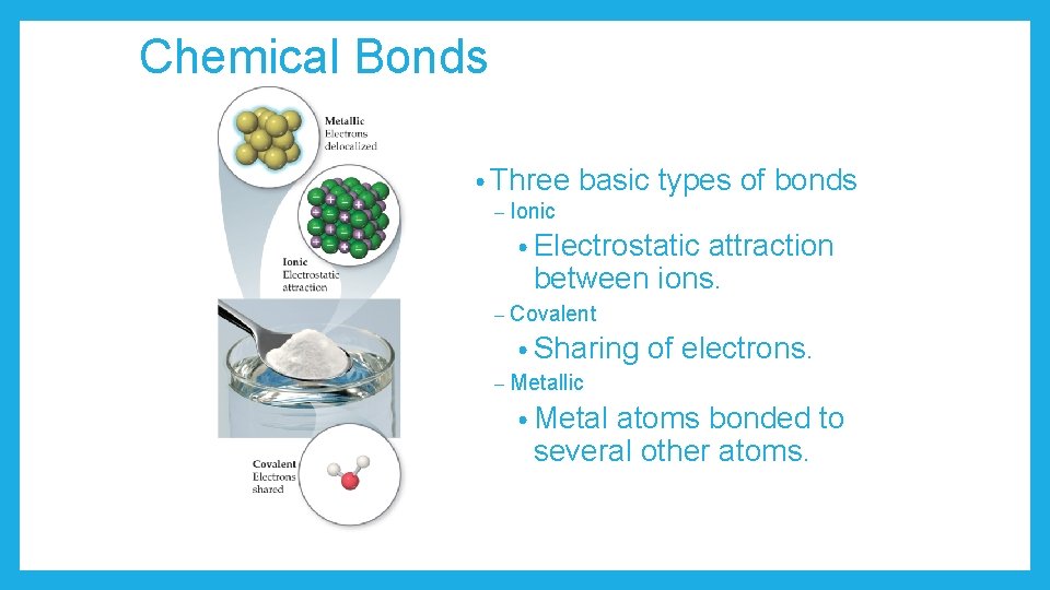 Chemical Bonds • Three – basic types of bonds Ionic • Electrostatic attraction between