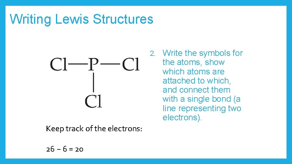 Writing Lewis Structures 2. Keep track of the electrons: 26 − 6 = 20