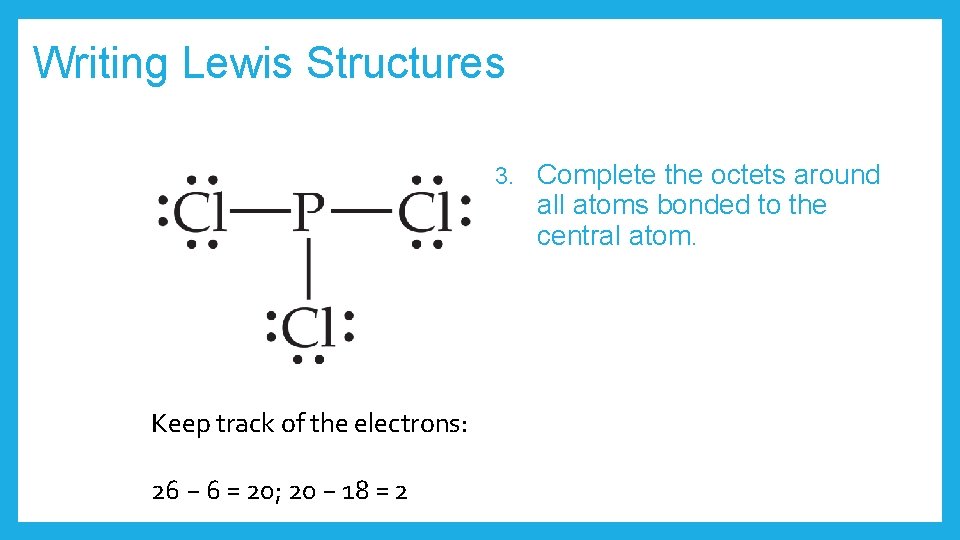 Writing Lewis Structures 3. Keep track of the electrons: 26 − 6 = 20;