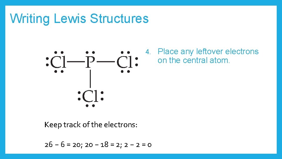 Writing Lewis Structures 4. Keep track of the electrons: 26 − 6 = 20;