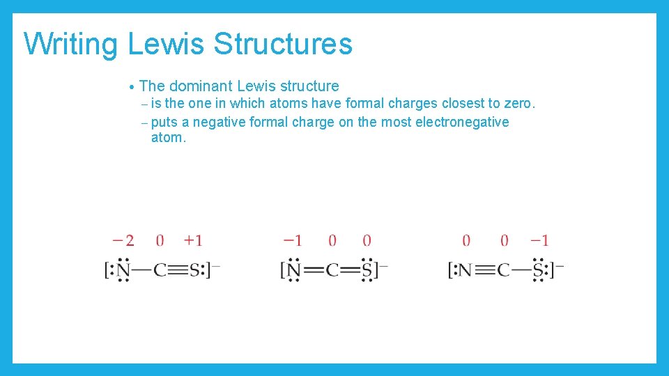 Writing Lewis Structures • The dominant Lewis structure is the one in which atoms