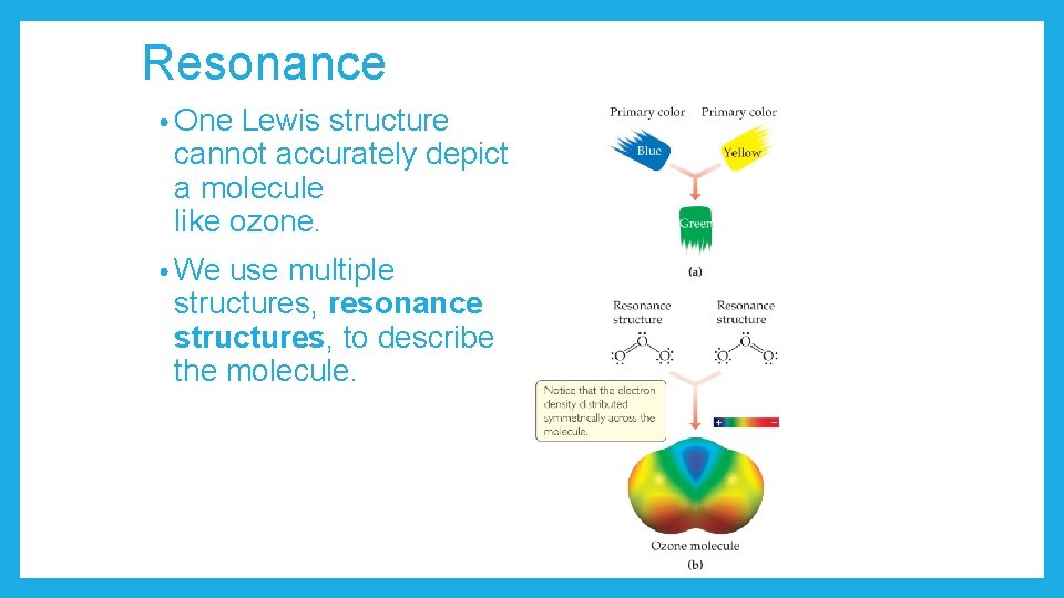 Resonance • One Lewis structure cannot accurately depict a molecule like ozone. • We